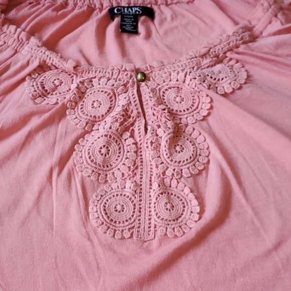 Chaps Cinched Ruffled Lace Neckline Salmon Short Sleeve Sz. L Top - Picture 6 of 7